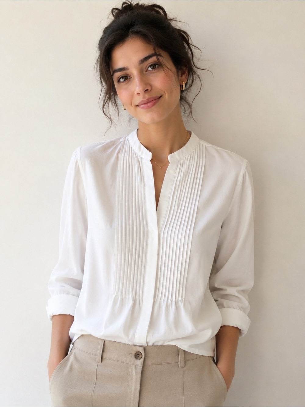 Uniqlo White Pintuck Band Collar Tuxedo Blouse - XS